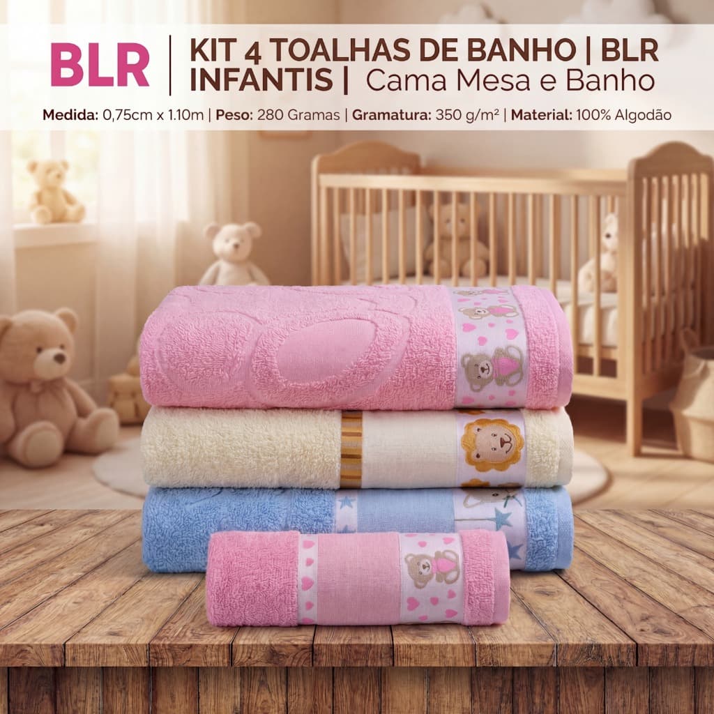 Kit 4 Toalha Kids Infantil Banho Ponto Cruz Para Bordar