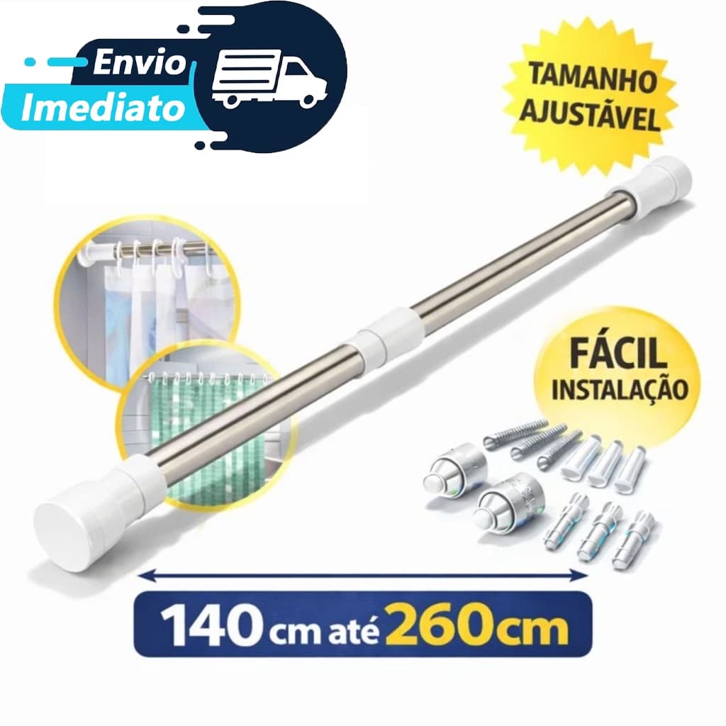 Varão Extensível Grande em Inox Ajustável Suporte Resistente Multiuso para Cortina de Box e Banheiro
