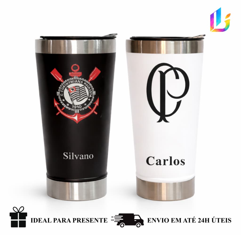 Copo Térmico inox 473ml Personalizado Time Corinthians - Presente Torcedor/Futebol