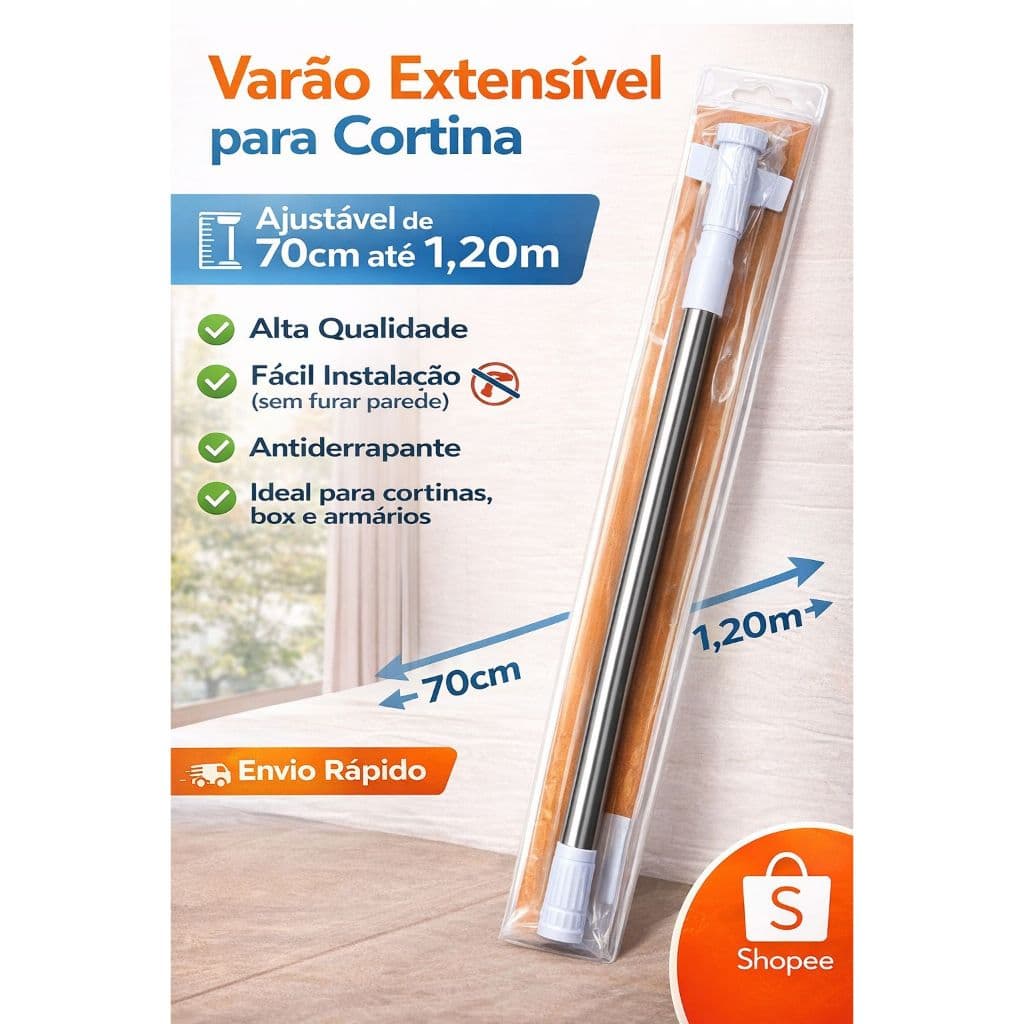 Varão Extensível Inox Resistente Porta Cortina De Box Banheiro E Multiuso