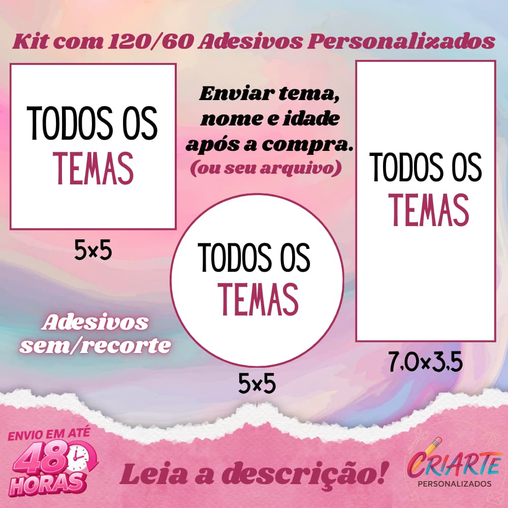 SUA ARTE AQUI! Kit com 40/60/100 UND de Adesivos Personalizados S/RECORTE - Envio Rápido