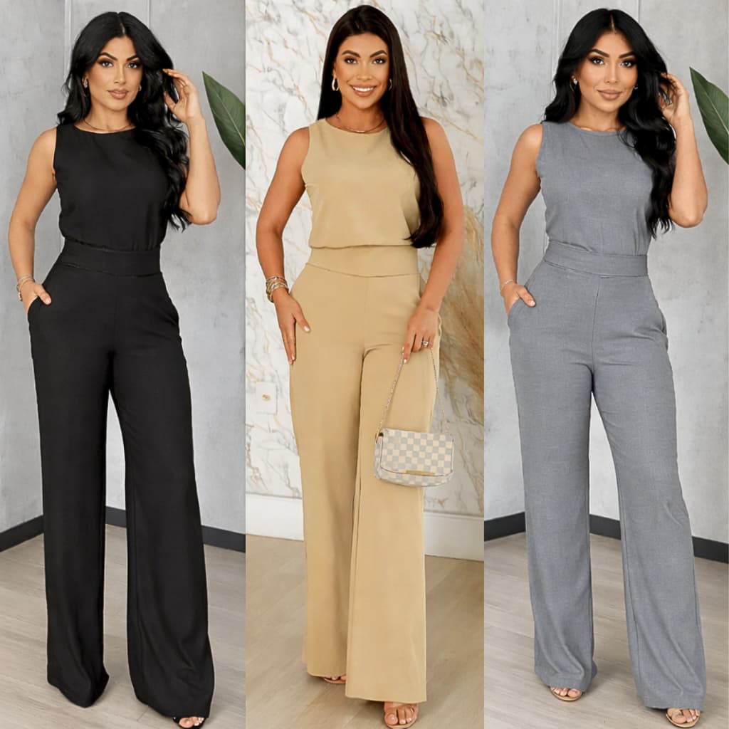 Conjunto Social Duna Feminino Mulher Elegante Blusa Regata e Calça Pantalona com Elástico Alfaiataria Moda Mulher Verão