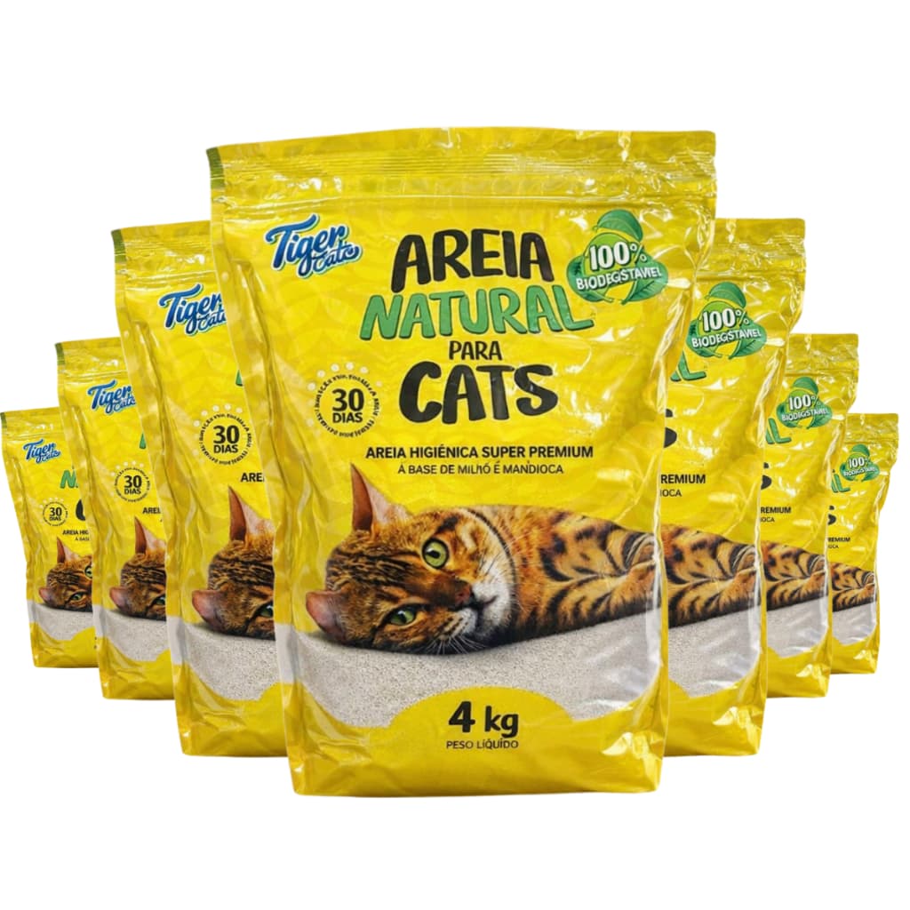 KIT COM 7 PACOTES AREIA HIGIÊNICA NATURAL BIODEGRADÁVEL MILHO E MANDIOCA PARA GATOS TIGER CATS 4KG