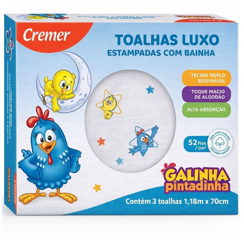 Toalha Fralda Infantil Estampa Galinha Pintadinha 100% algodão 3 UN Cremer