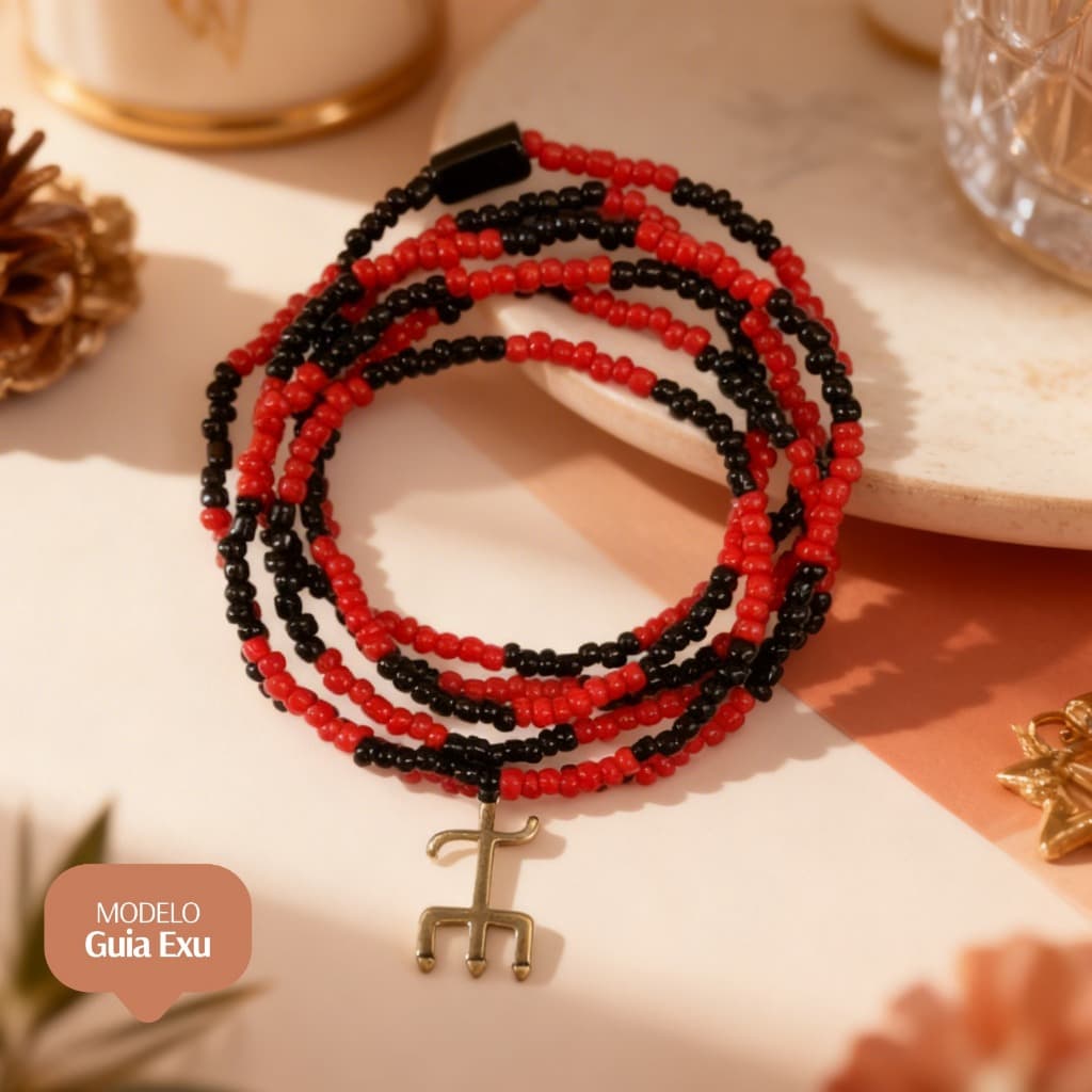 Colar Guia de Exu Vermelha com Pingente Proteção, Força e Axé Umbanda e Candomblé