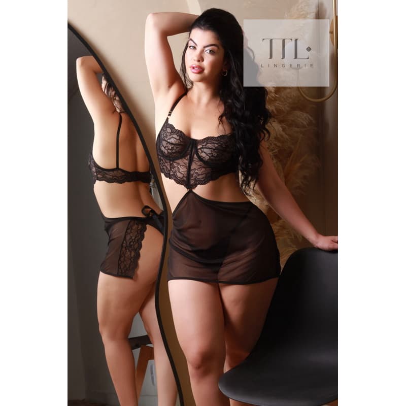 Conjunto Lingerie Luxo 2 em 1 camisola e cropped Feminino  Renda Sainha Sexy Fio Dental Com Cinta Liga com paleta