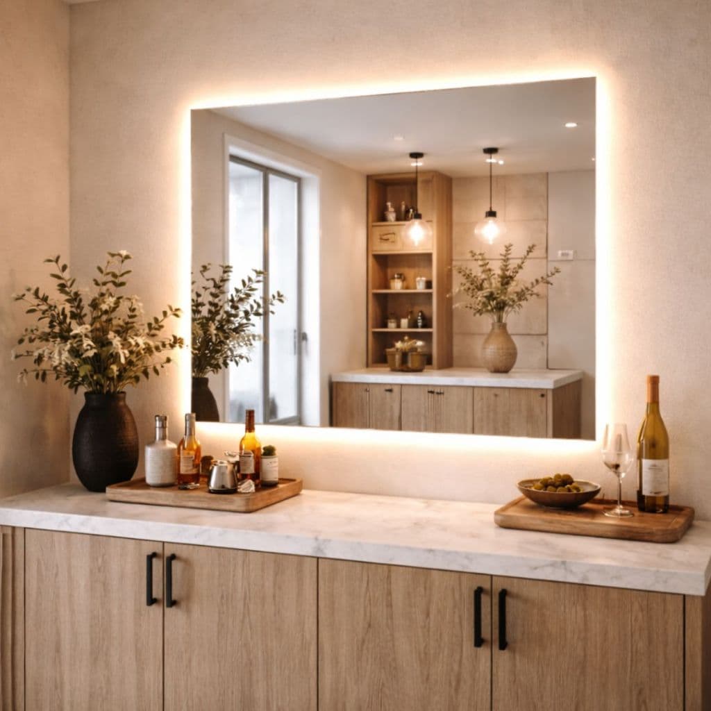 Espelho com LED Quadrado Decorativo Luz para Banheiro e Quarto Bateria ou Fonte Com Suporte