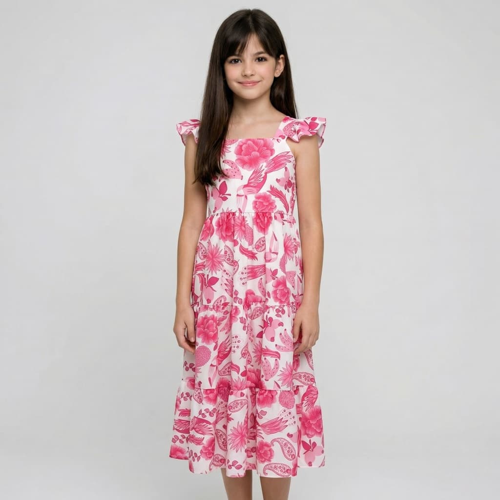 Vestido Longo Juvenil Farm Feminino Moda Menina Casual Boho Elegante Floral Verão Tendência Estampad