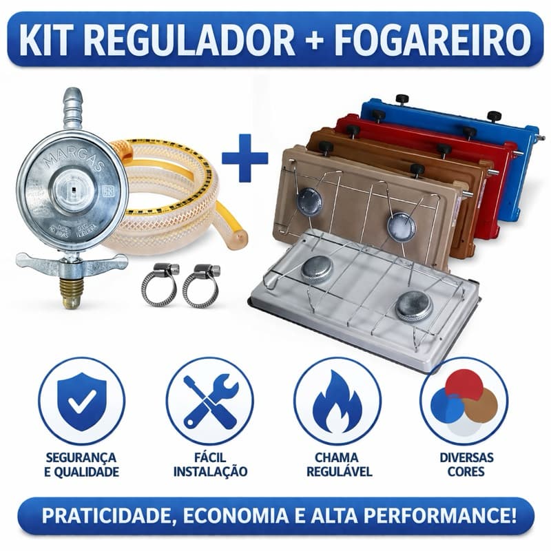 Fogão Duas Bocas Completo portátil a gás com Registro, Mangueira e Abraçadeiras