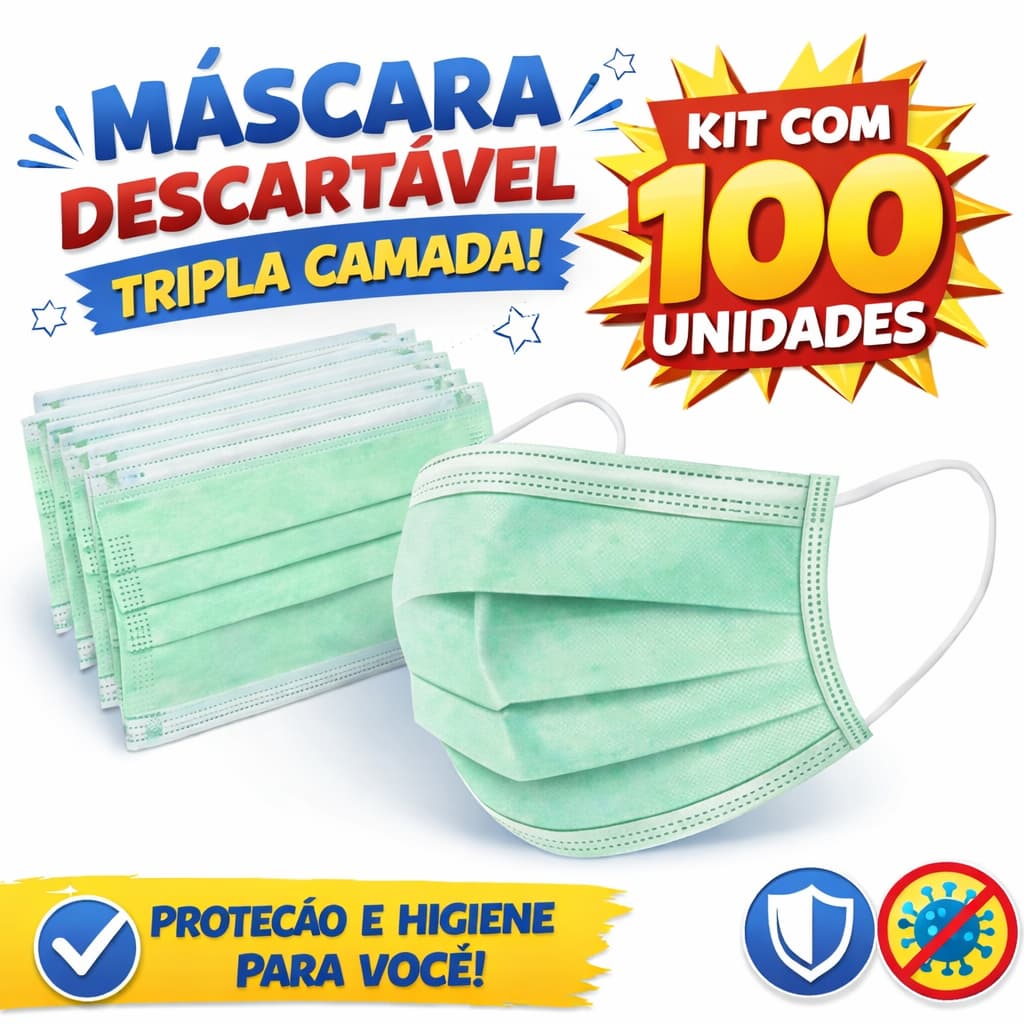 Kit 100 Máscaras Cirúrgica Verde Descartáveis Tripla Proteção com Elástico e Clip Nasal para Clinica