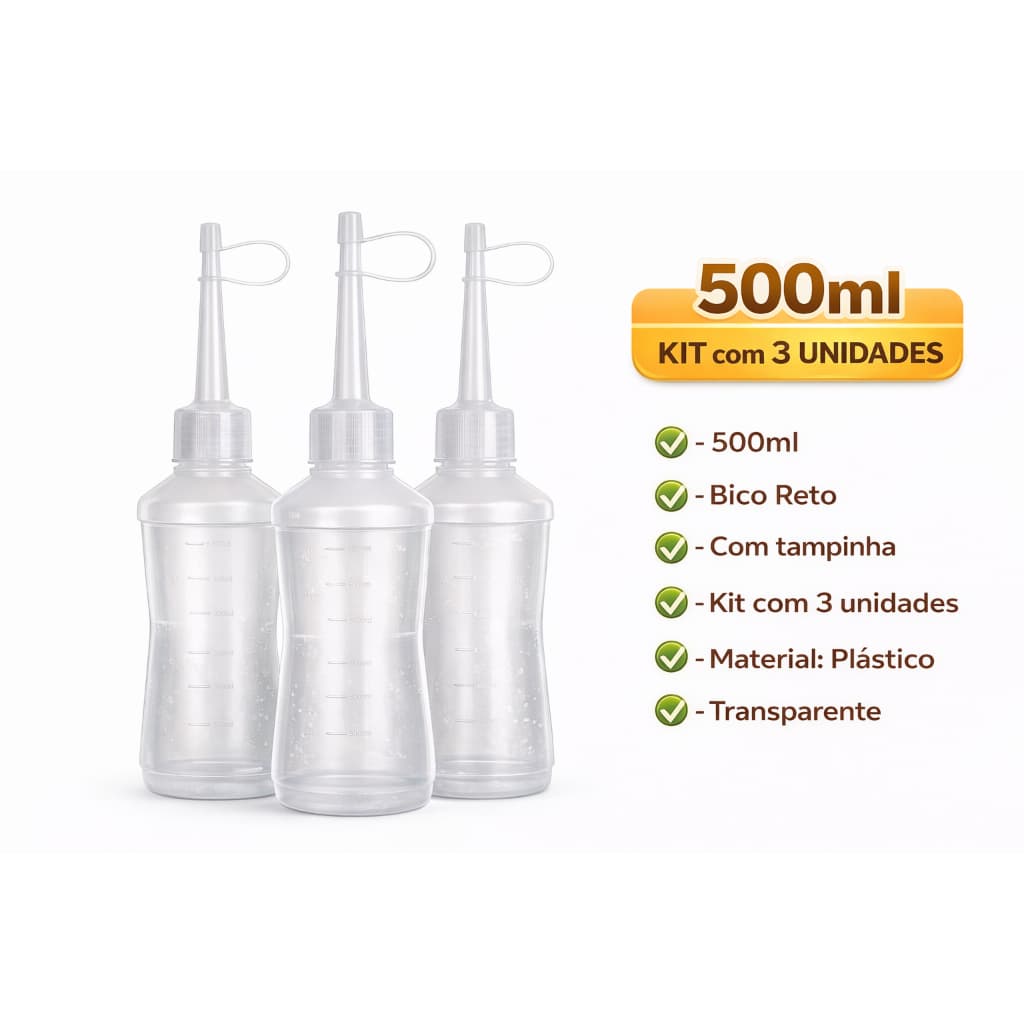 Kit 3 Almotolia Para Banho e Tosa 500ml Frasco Diluidor/Misturador c/ Bico Aplicador 500ml