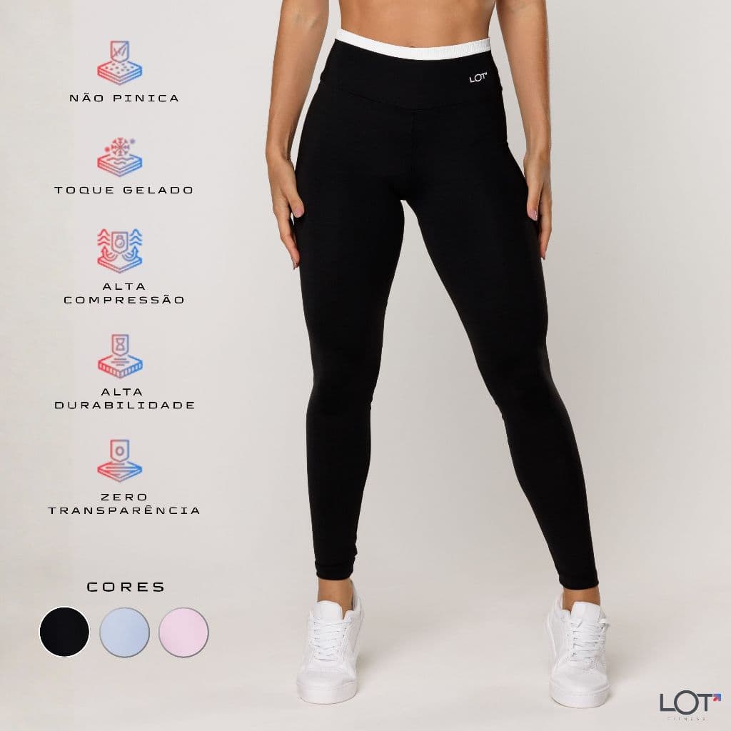 Calça Legging Academia Feminina Preta com cós Off White Fitness Poliamida Elevate