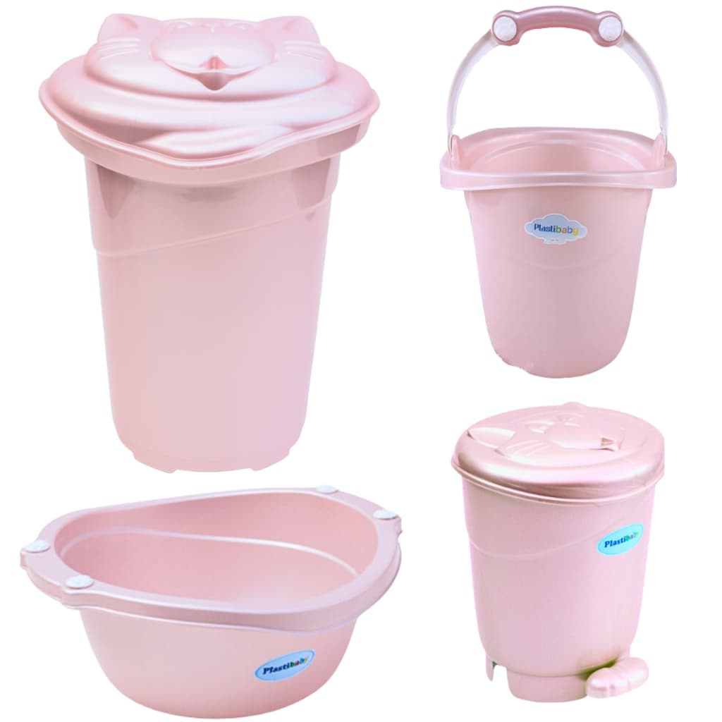 Kit 4 Peças Com Cesto de Roupas ou Banheira de Bebê Plastibaby Com Bacia, Balde e Lixeira Infantil