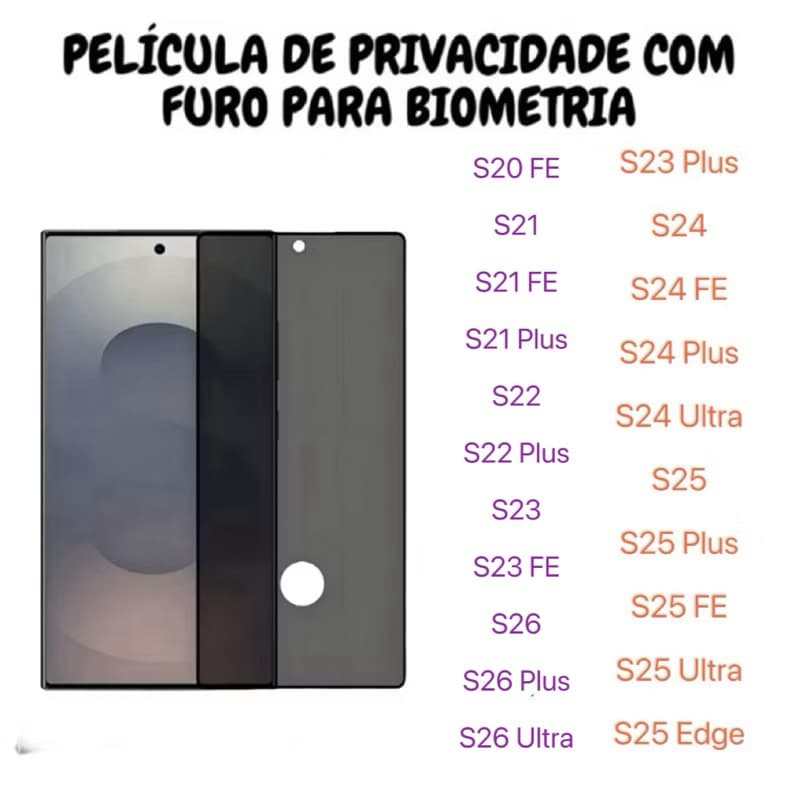 Película de vidro 3D Privacidade COM FURO Anti Spy Para Samsung Galaxy S26 S25 S24 S23 S22 S21 S20 FE Plus Ultra Edge