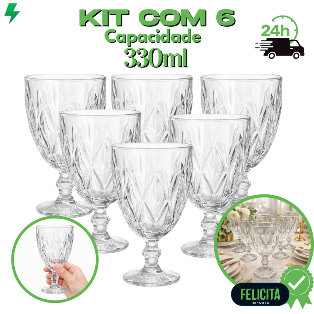 Jogo 6 Taça Diamante Copo Vidro Transparente Bico De Jaca 330ml