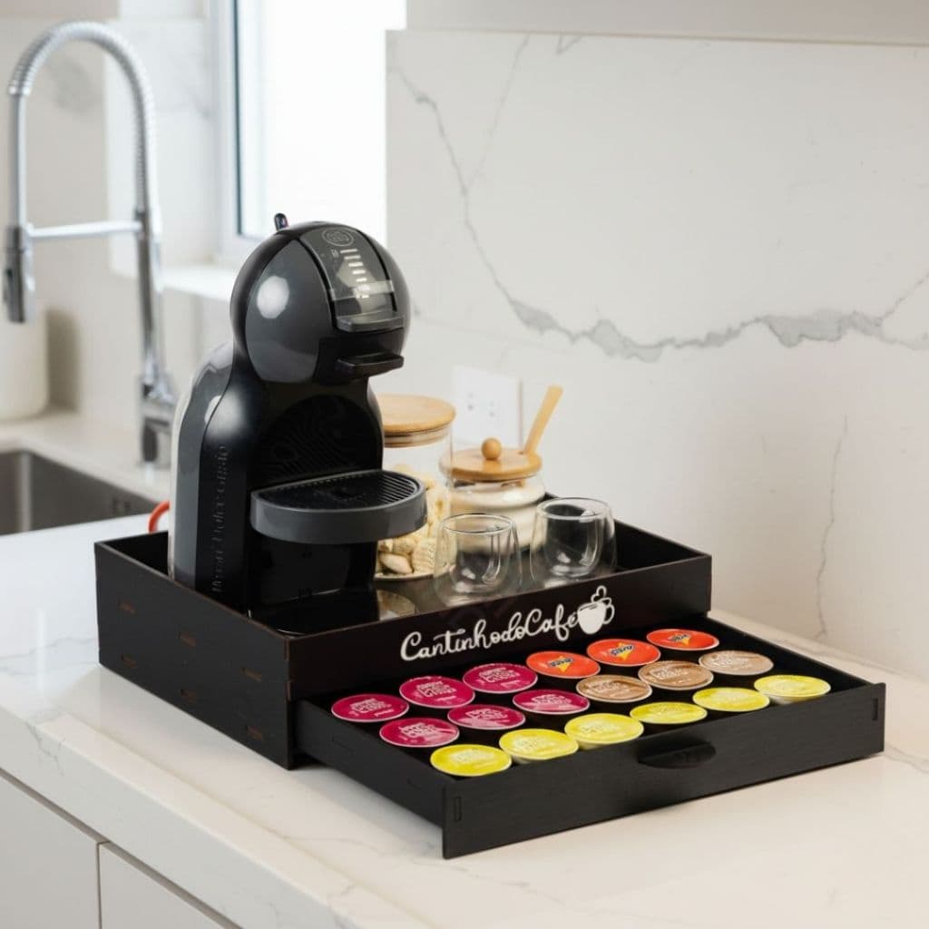 Kit Bandeja Gaveta 24 Cápsulas MDF Nespresso Dolce Gusto Três Corações Cantinho Do Café Completo