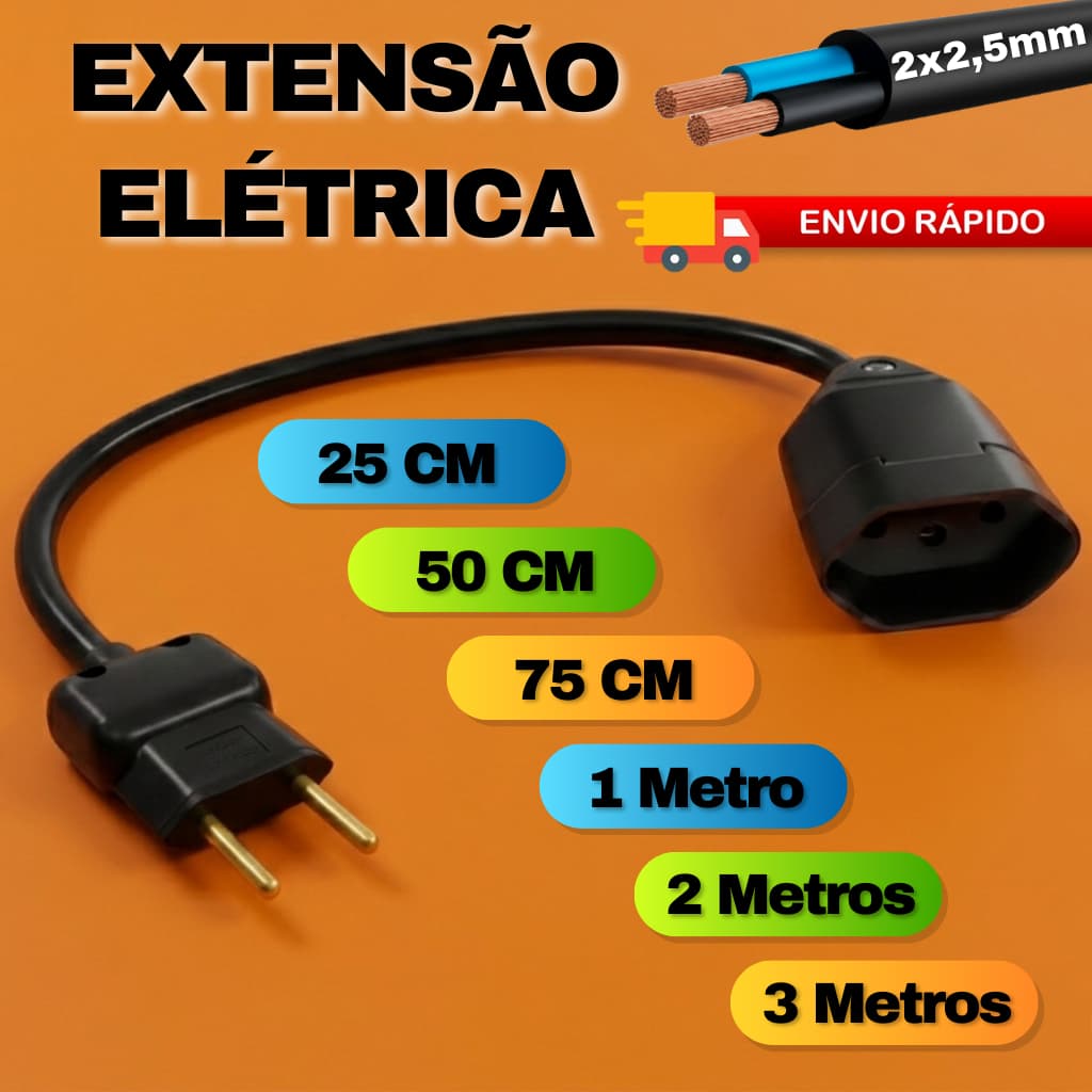 Extensão Reforçada 25cm/50cm/1m/3m Cabo Grosso PP 2x2,5 Reforçado Preto | Bivolt 110/220