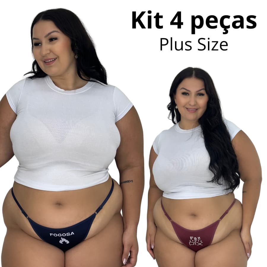 Kit 4 Calcinhas Mid Size Plus Size Fio Dental Sensual Regulável com Escrita 46,48,50,52