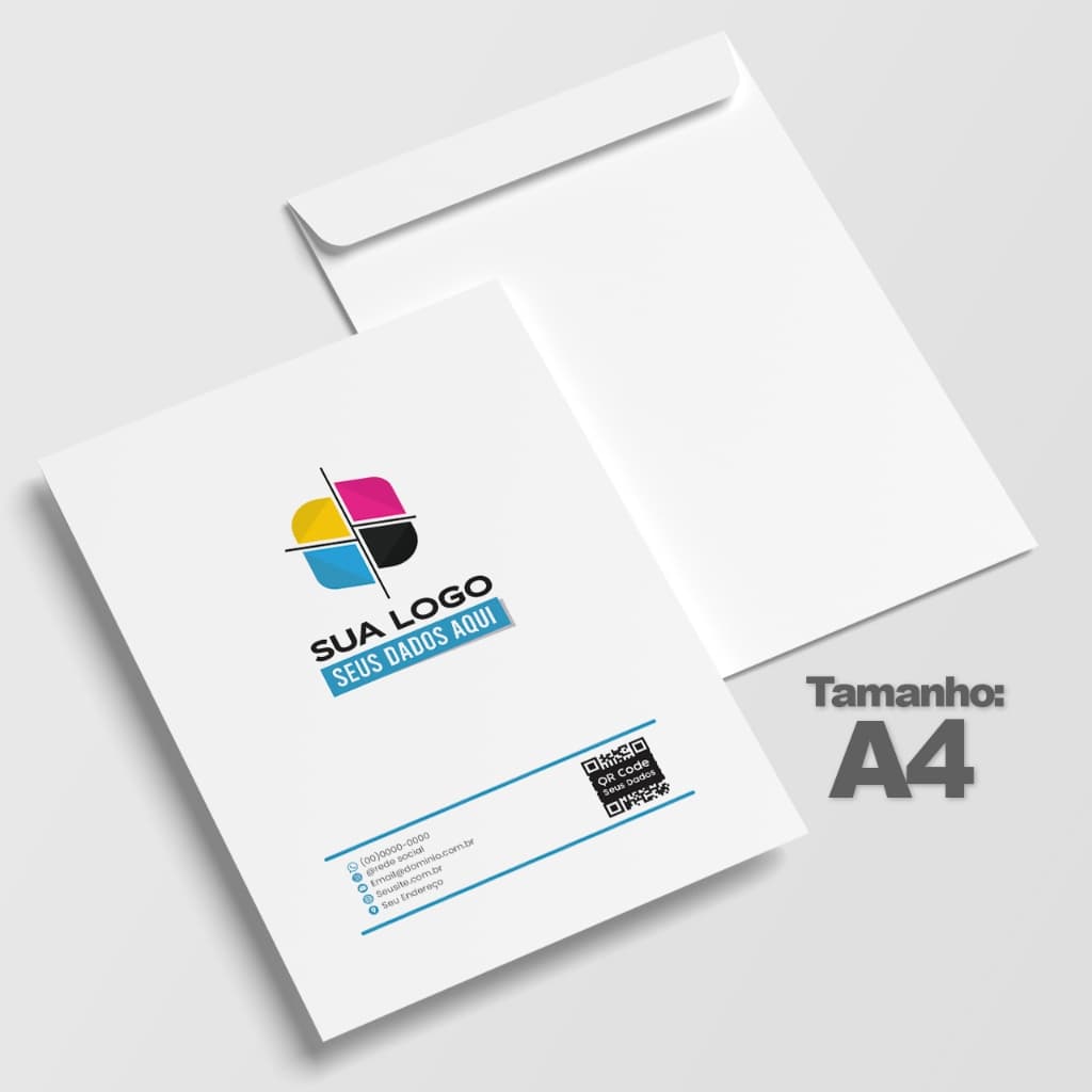 100 Envelopes Personalizados A4 - Arte Grátis - Papel Offset 90g Branco Colorido com sua Logo Marca