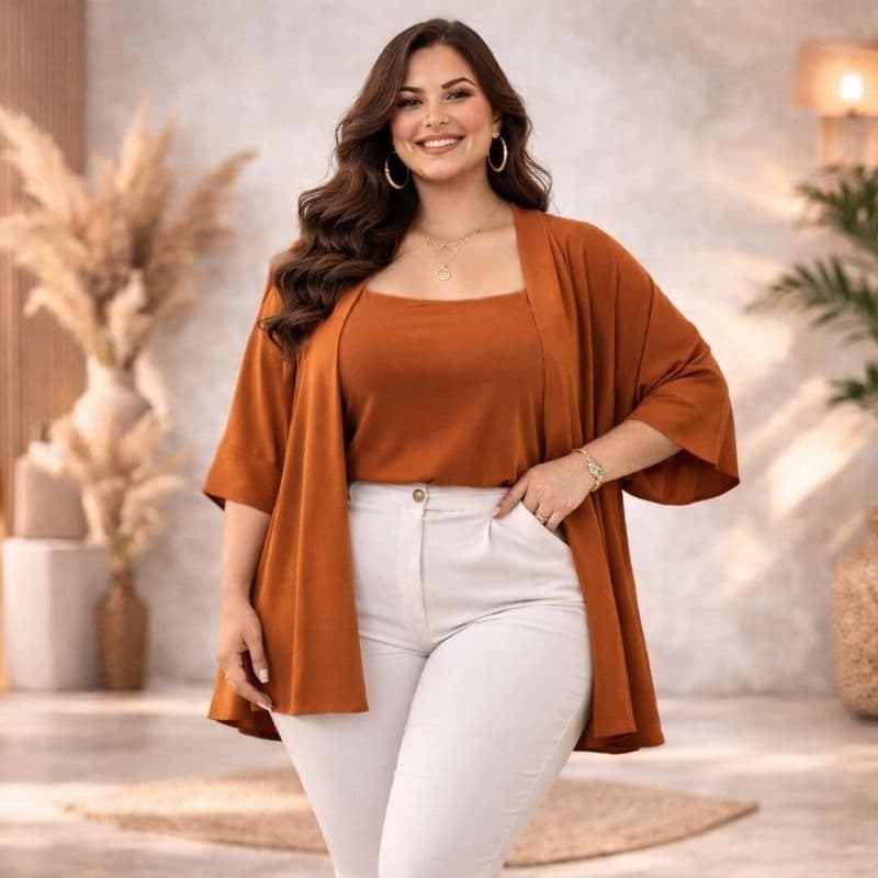 Conjunto Feminino Plus Size Kimono + Regata Duna
