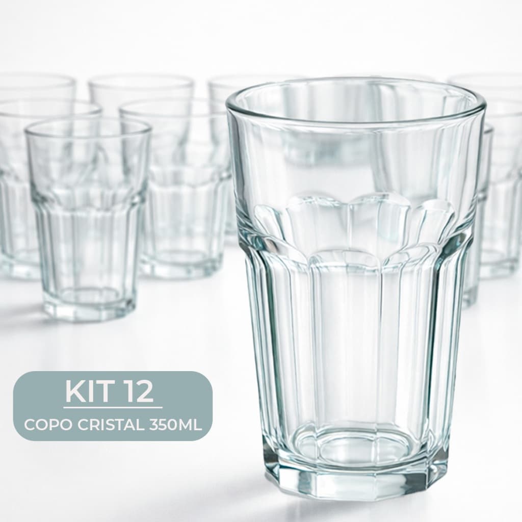 Jogo De Copos cristal Vidro 350ml Kit 3 6 9 12 Resistente Para Suco, Água, Drinks, Vitaminas Mesa Posta Casa Nova