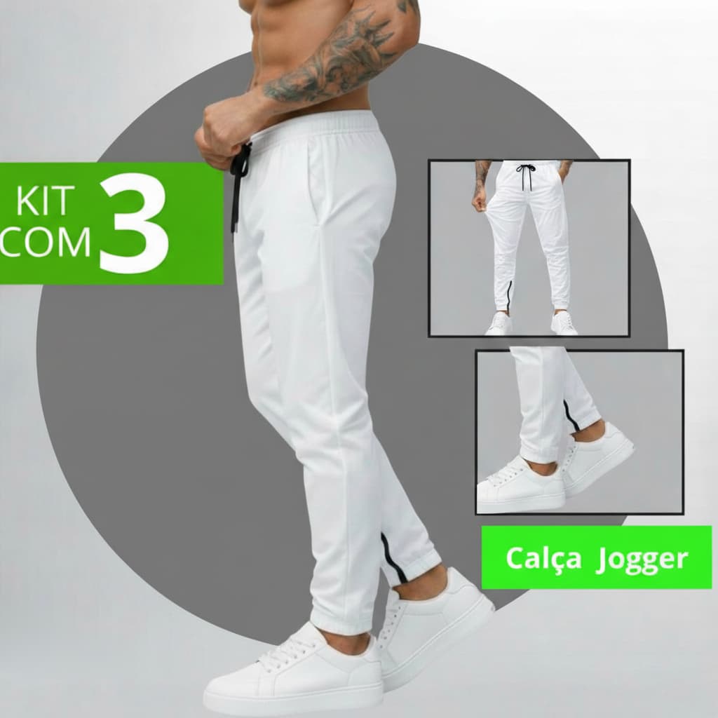 Kit 3 Peças Jogger Masculina Tactel Com Zíper Na Barra Elastano Confortável P ao GG