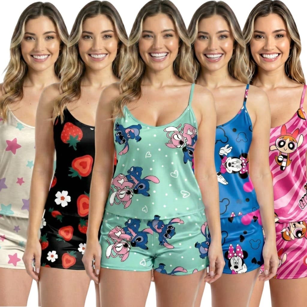 Kit 12 Peças Pijamas Baby Doll Sem Bojo Conjunto Pijama Short Doll Estampados Personagens