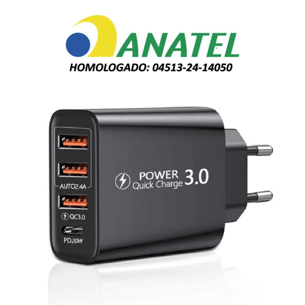 Carregador Fonte Turbo 3.0 36W 3 USB + Tipo C Rápido Universal. Certificado e Homologado Anatel!
