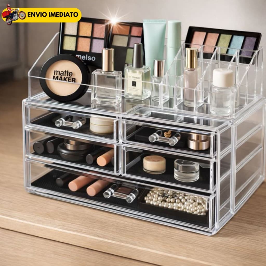 Organizador de Maquiagem Acrílico Transparente com Gavetas Altas Porta Cosméticos e Porta Joias