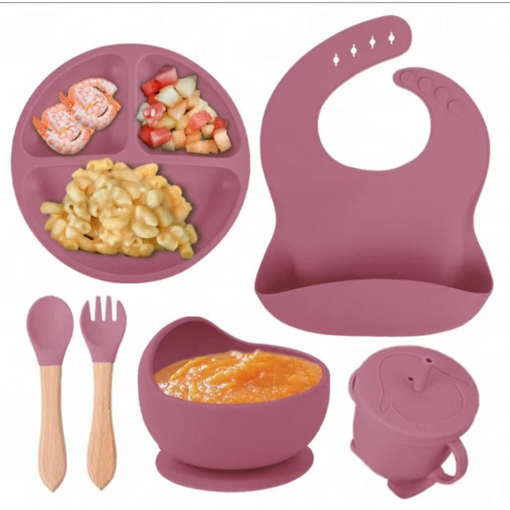 Kit 8 peças de Alimentação Infantil em Silicone Kit talheres babador prato tigela com ventosa