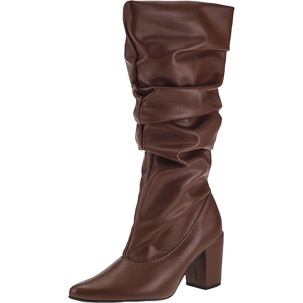 Bota Feminina Cano Longo Enrugado Salto Bloco Bico Fino Confortável Original