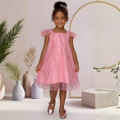Vestido Infantil Menina Tule Estrelado Manga Frufru