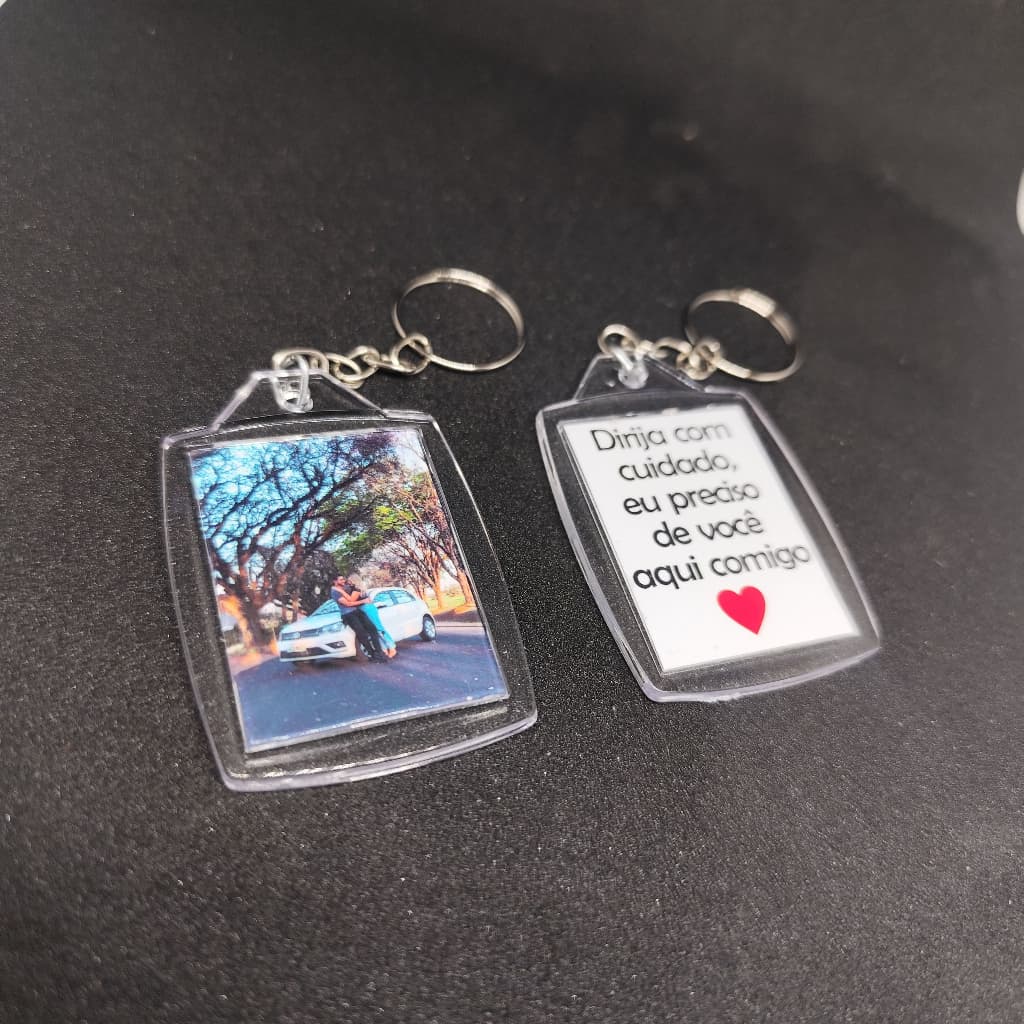 Chaveiro Acrílico Personalizado com foto e frase 3x4 dirija com cuidado preciso de você aqui comigo