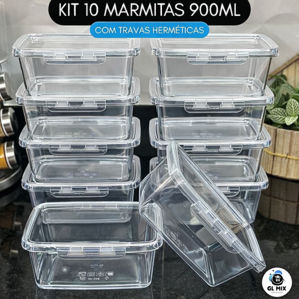 Kit 10 Potes Marmitas 900ml com Travas Laterais - Hermeticos BPA free Alimentos jogo de marmitas fit