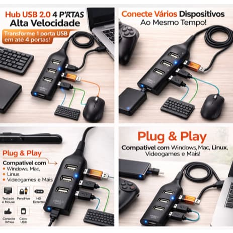 Hub USB 2.0 4 Portas Alta Velocidade – Expansor USB para Notebook, PC, Teclado, Mouse e Pendrive