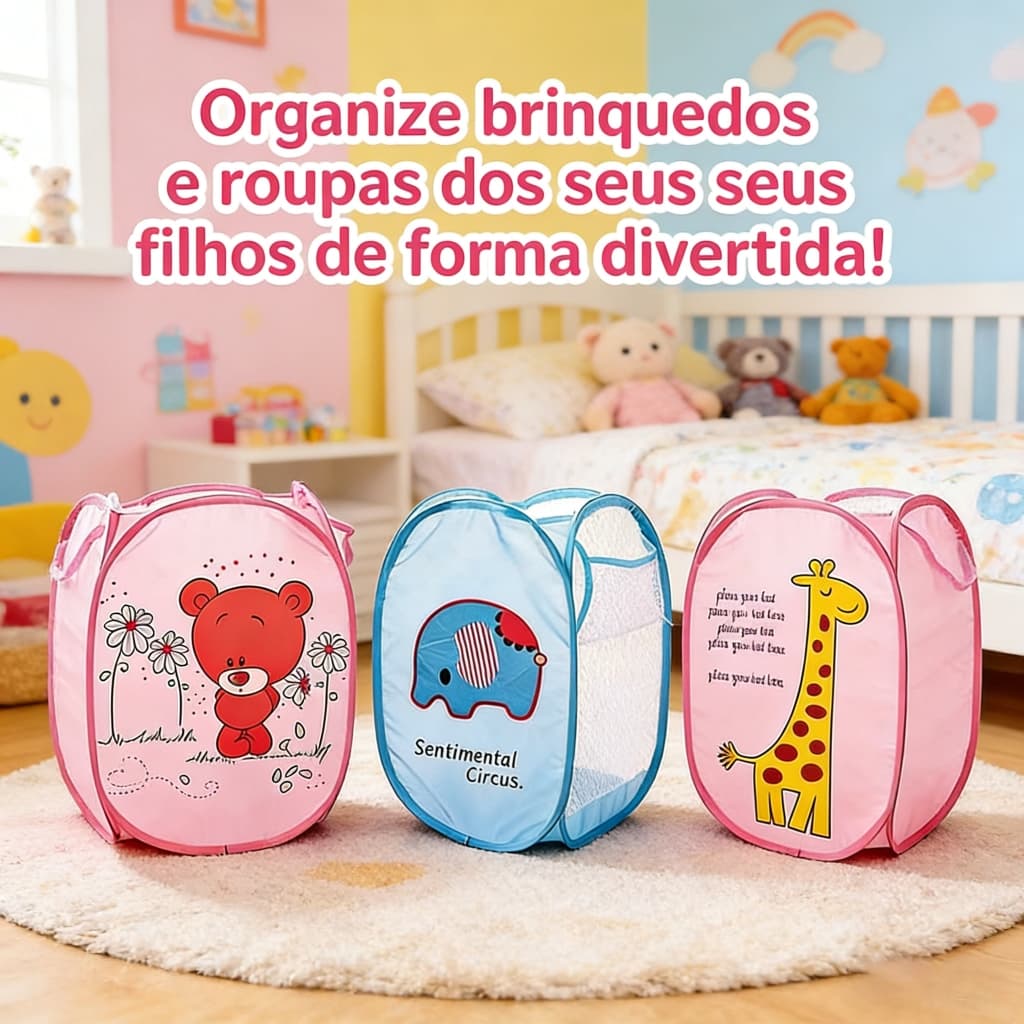 Cesto de Brinquedos e Roupas Infantil Dobrável, Interativo, Ideal para Organizar o Quarto das Crianças