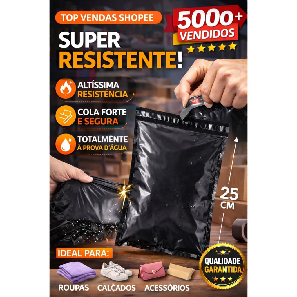 Envelope Plástico 15x25 para Envio Saco para E-commerce Preto Resistente Impermeável Embalagem