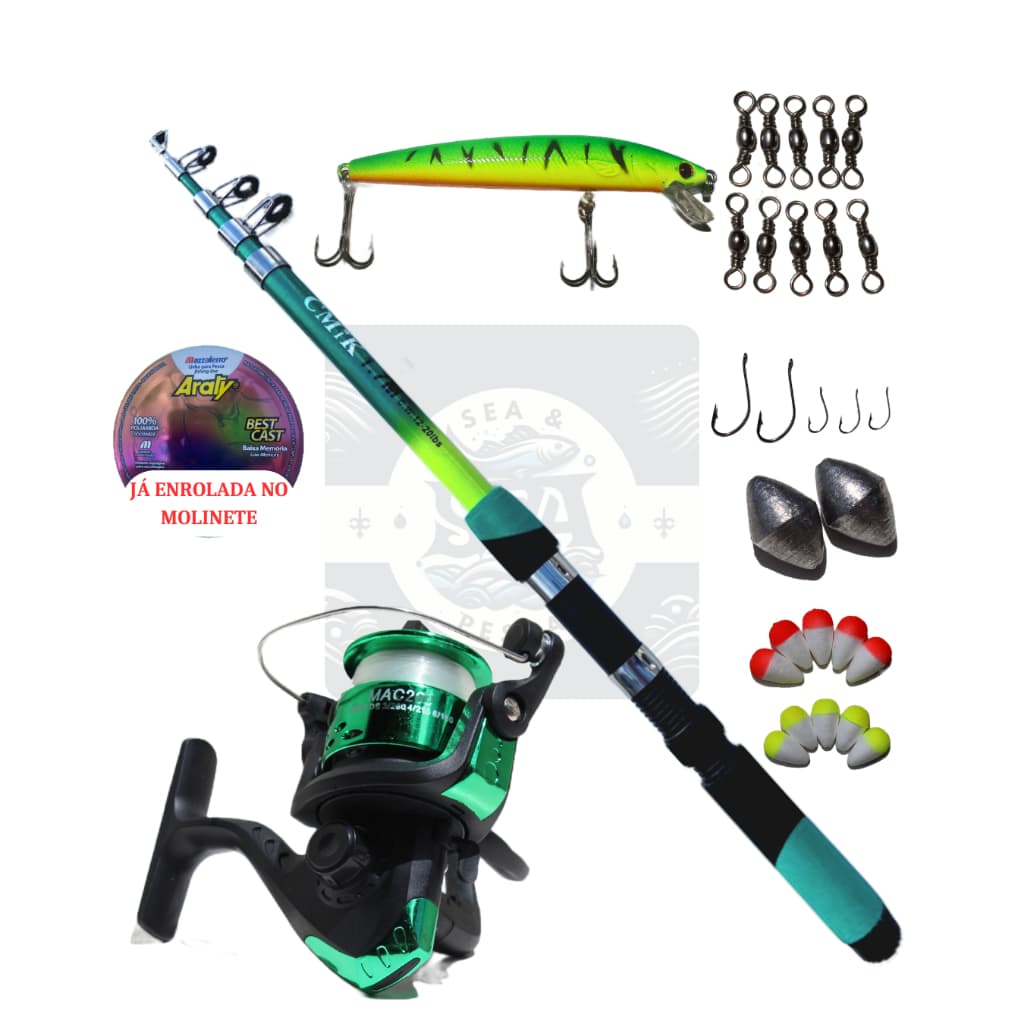 KIT PESCA COMPLETO VARA 1.80MTS/1.70MTS RESISTENTE+ MOLINETE E LINHA/ANZOL/ISCA ARTIFICIAL/BOIAS/CHUMBADAS/GIRADORES