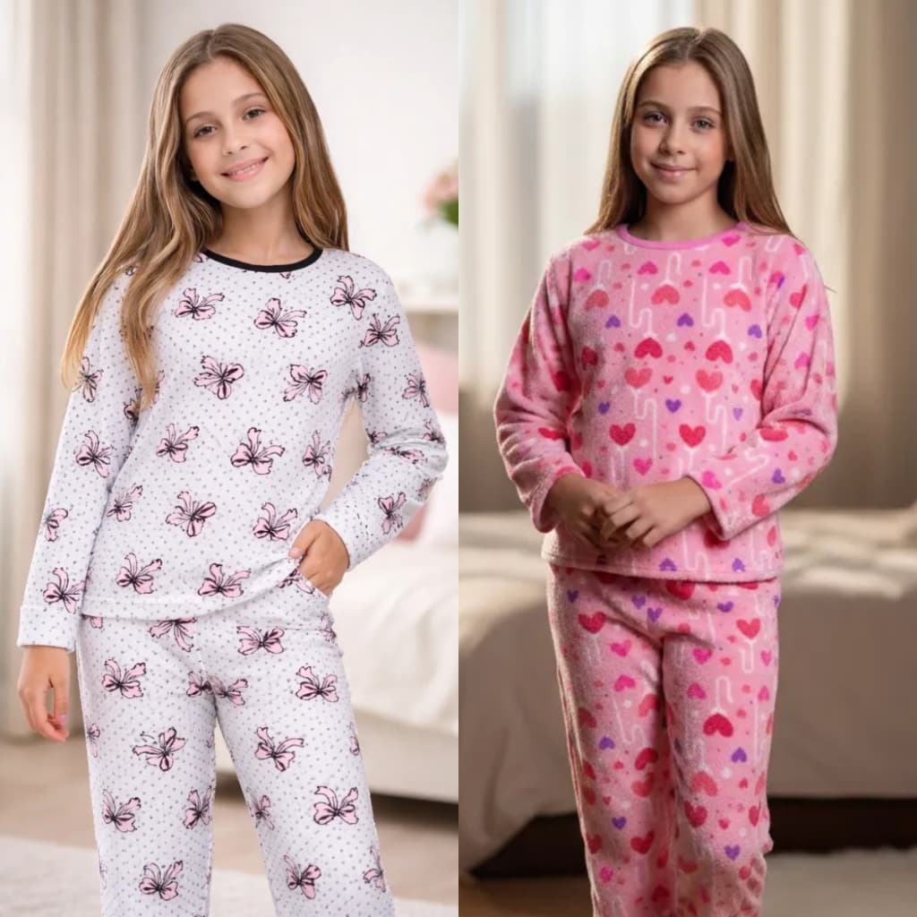 Kit 2 Pijamas Infantil Menina Soft Inverno Plush Manga Peluciado Manga Longa Conjunto sortidos
