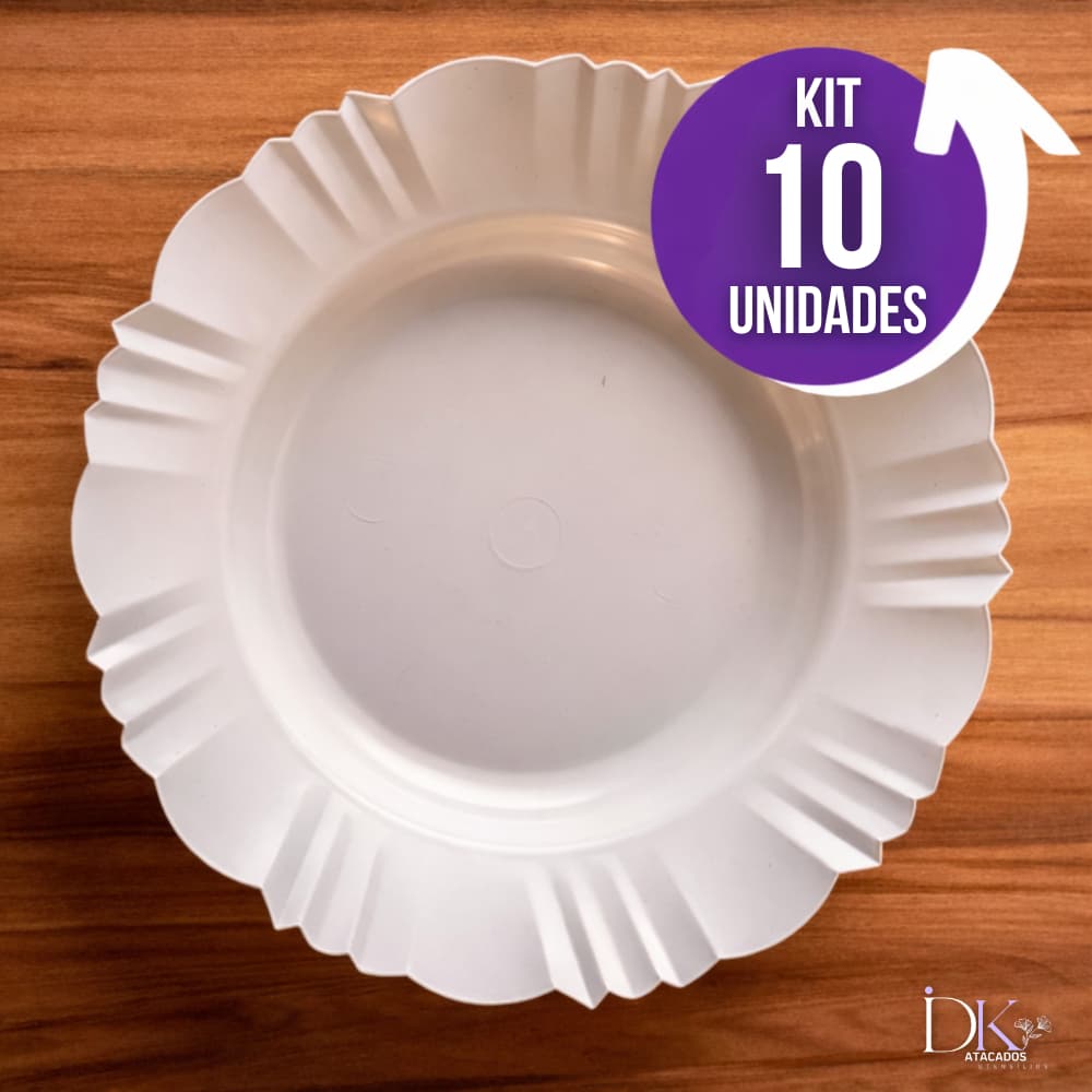 Kit 10 Pratos Fundos Redondo Com Borda Branco Plástico