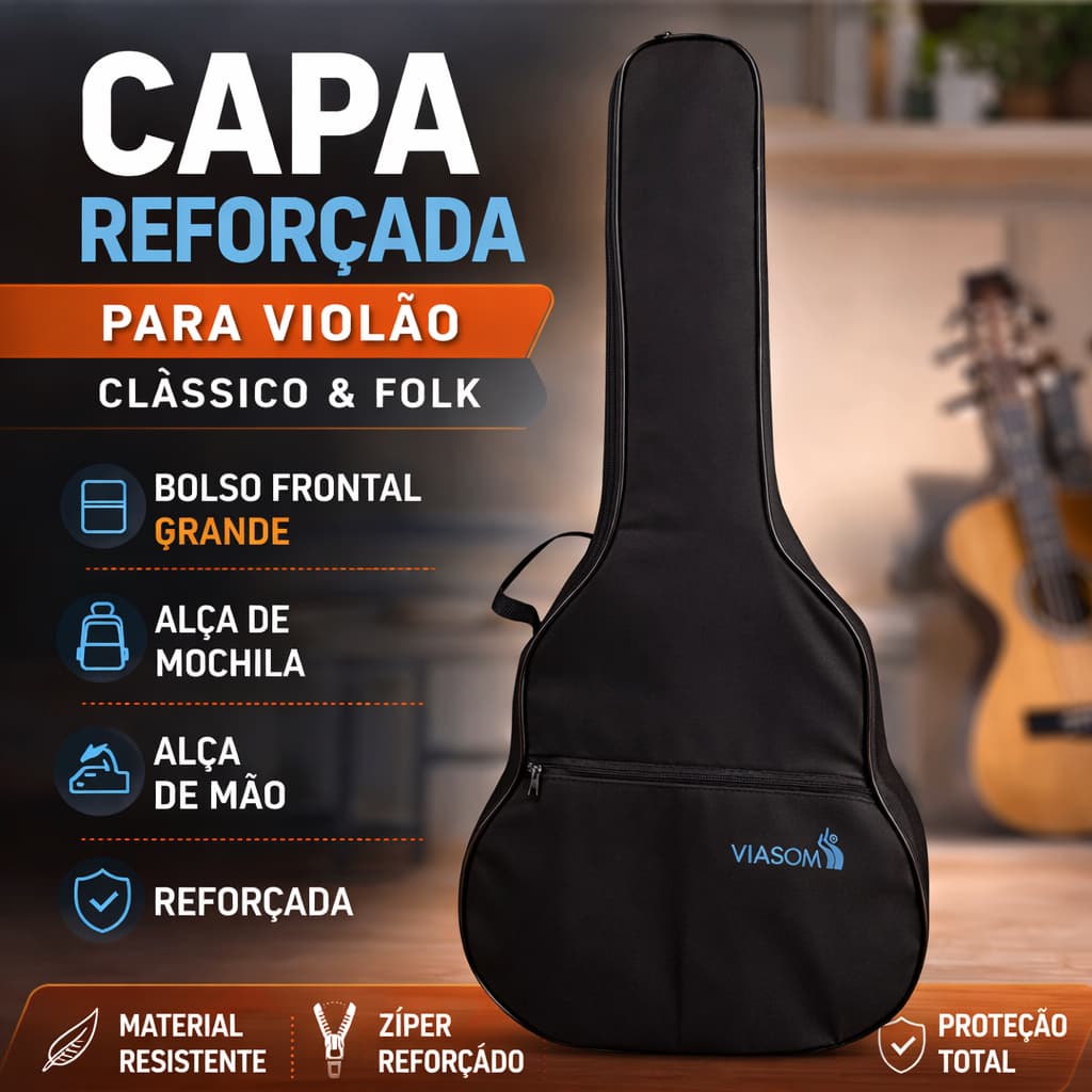 Capa Violão Classico 4/4 Nylon e Folk Aço Reforçada Bag Violão com Bolso preto e colorida