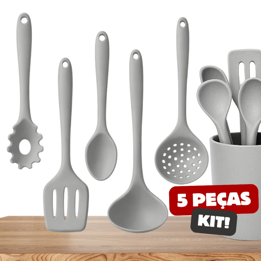 Kit 5 Utensílios para Cozinha de Silicone Escumadeira Concha Espátula Colher de Arroz Pegador