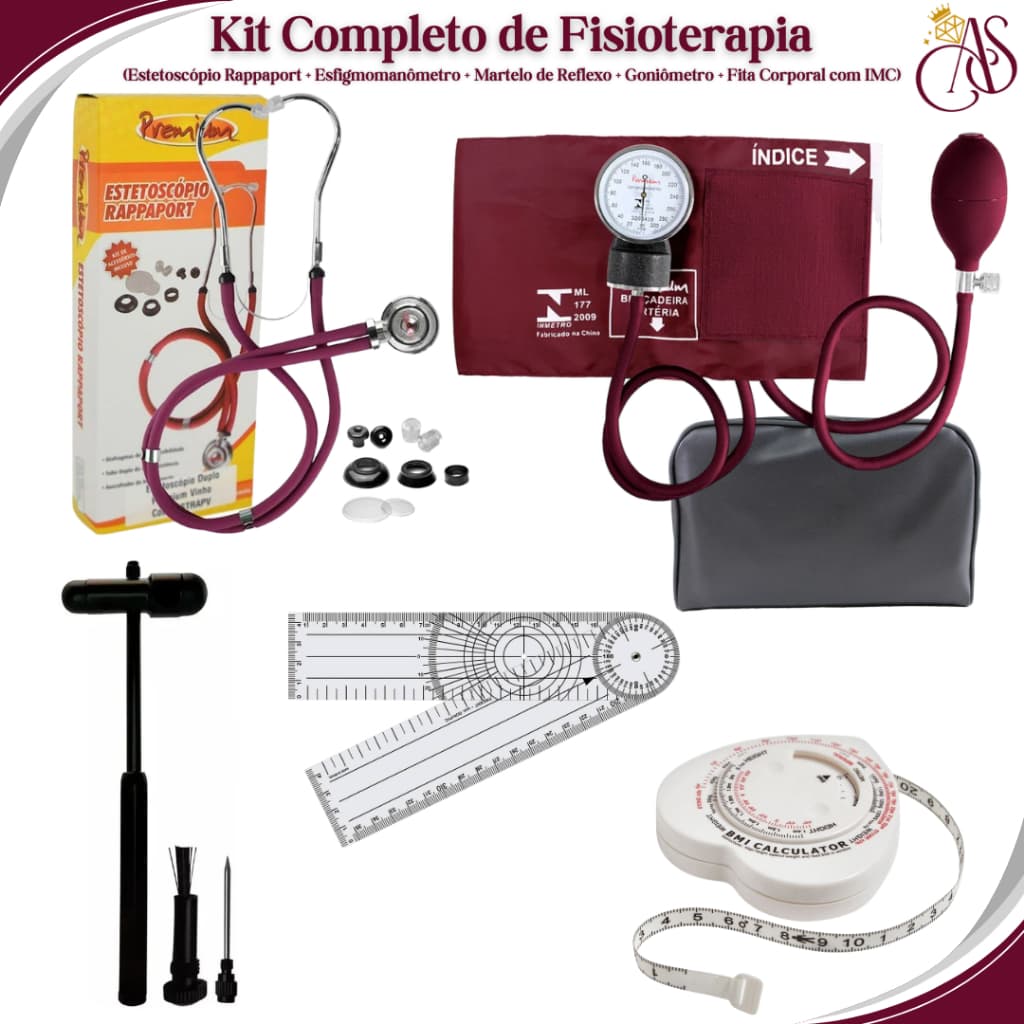 Kit para Fisioterapia com Aparelho de Pressão, Esteto Rappaport Premium, Martelo de Reflexo, Goniômetro e Fita Métrica