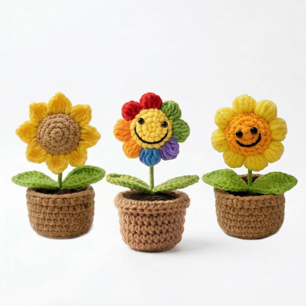 Girassol de Crochê Artesanal 14cm com Vaso Presente