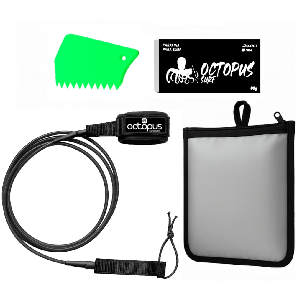 Leash Prancha de Surf 6´x 6,5mm + Raspador + Parafina 80gr + Estojo bag wax