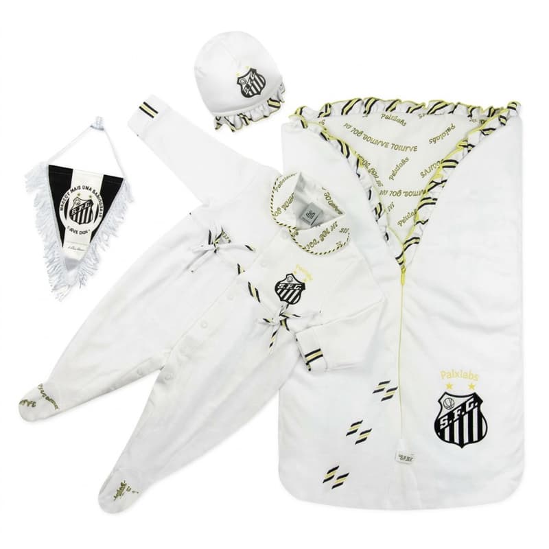 Saída de Maternidade Santos Feminino Suedine – Macacão + Saco de Dormir + Gorro + Flâmula