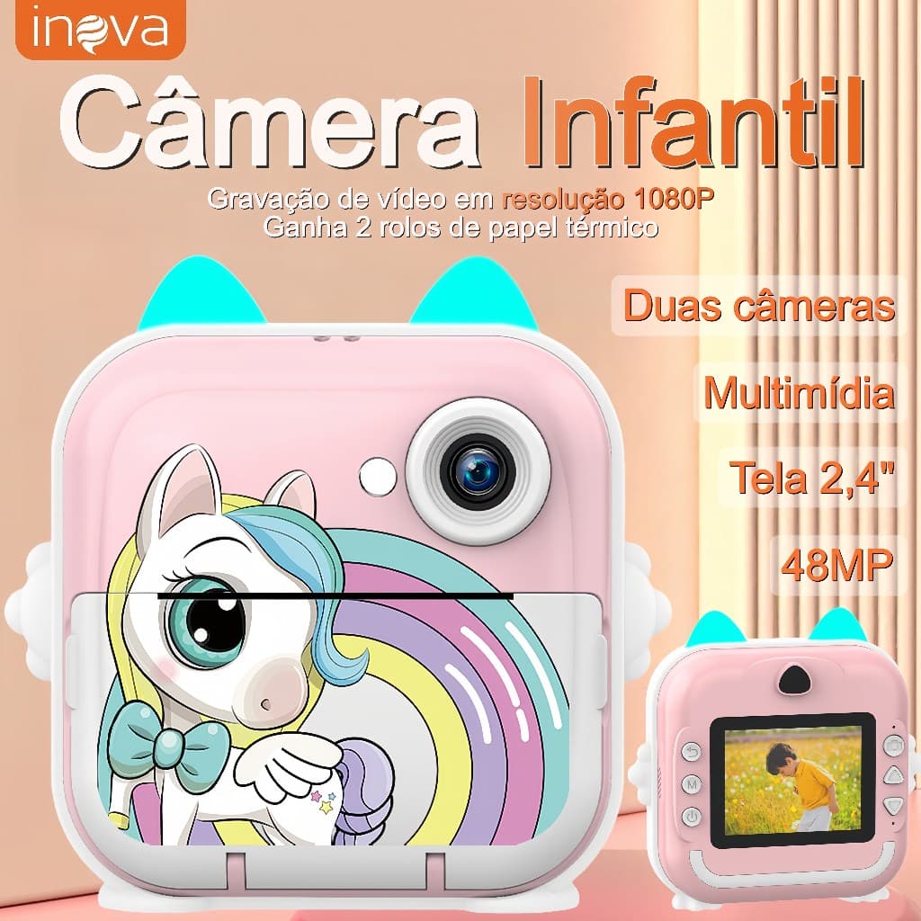 Inova Camera Fotografica infantil—Resolução de 48MP, Grava vídeo, Câmera multimídia com impressão