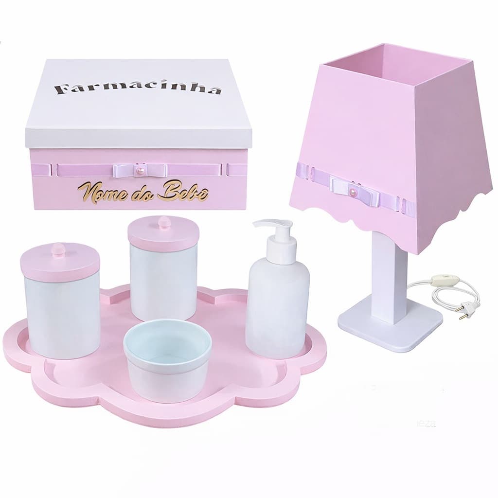 Kit de Higiene para bebê Rosa em Madeira e Porcelana Personalizado com nome