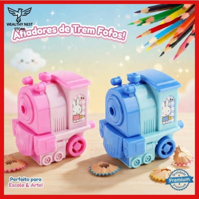 Apontador de Lápis Infantil Trem com Depósito Coletor Manual Material Escolar Crianças - Compacto E Fofo