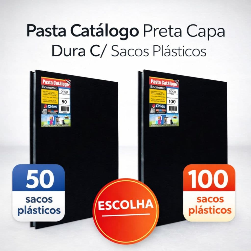 Pasta Catálogo Portifólio Preta Capa Dura Of/A4 com 100 ou 50 Sacos Plásticos Colchete Chies